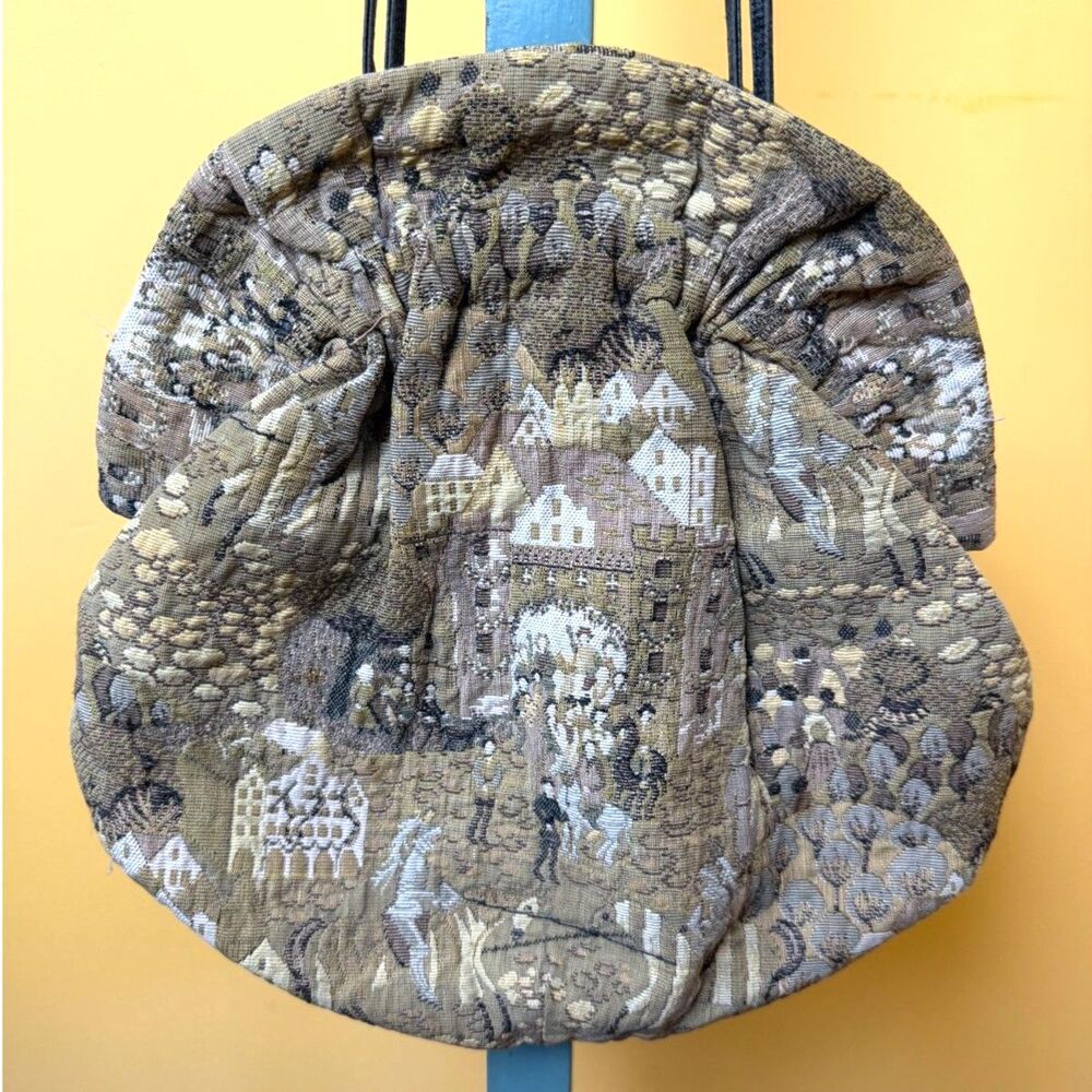 Vtg Daffodil USA 100% Silk Tapestry Bag Woven Scenic Village Pouch Handbag 80s